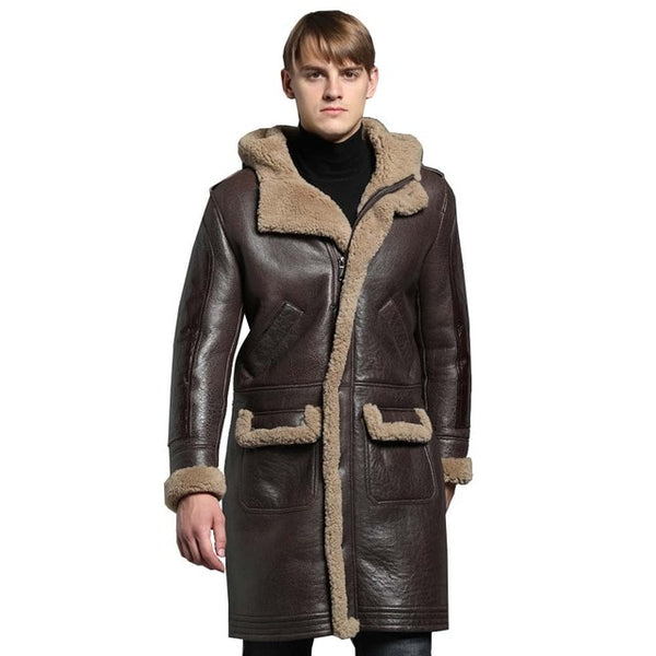 2019 Thicken Long Shearling Sheepskin Coat Men Winter Warm Sheep Leather Jacket Genuine Leather Brown Hooded Real Fur Clothing