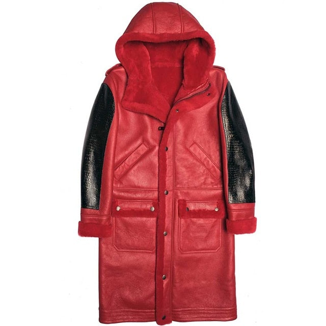 2019 Thicken Long Shearling Sheepskin Coat Men Winter Warm Sheep Leather Jacket Genuine Leather Brown Hooded Real Fur Clothing