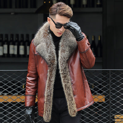 Fur one leather men's leather jacket big child fur collar business men's clothing