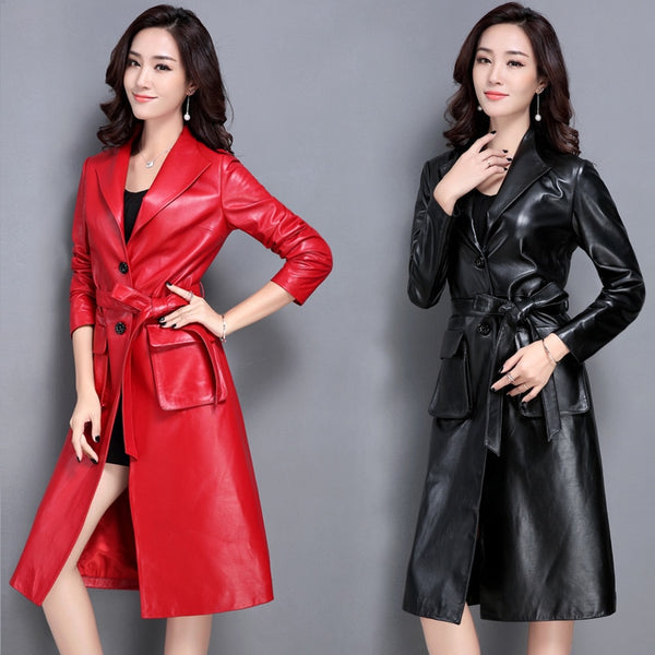 New Women's Genuine Leather Trench Female Spring And Autumn Long Sheepskin Windbreaker Female Coat Dust Coat Leather Jacket