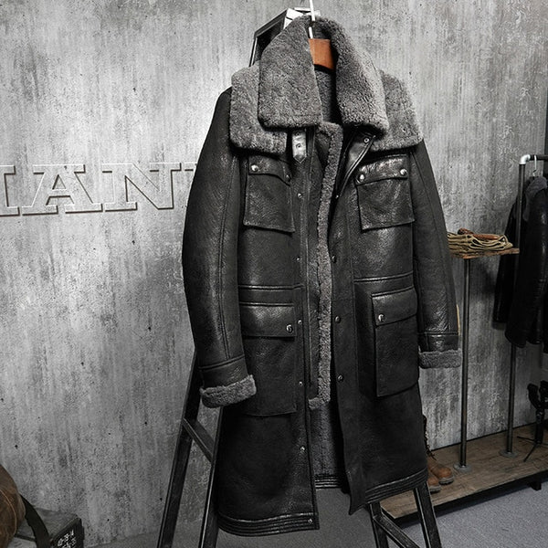 New Winter Thicker Fur One Leather Coat Men's Double Collar Sheepskin Leather Jacket Men High-end Genuine Leather Bomber Jacket