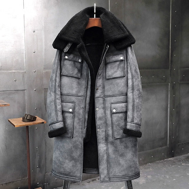New Winter Thicker Fur One Leather Coat Men's Double Collar Sheepskin Leather Jacket Men High-end Genuine Leather Bomber Jacket