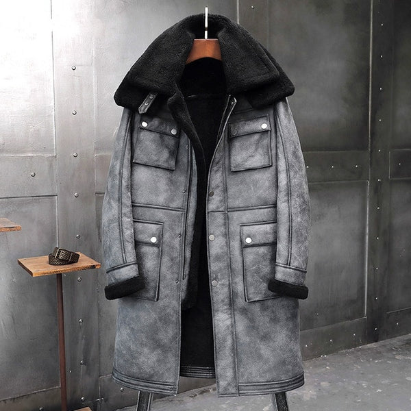 New Winter Thicker Fur One Leather Coat Men's Double Collar Sheepskin Leather Jacket Men High-end Genuine Leather Bomber Jacket