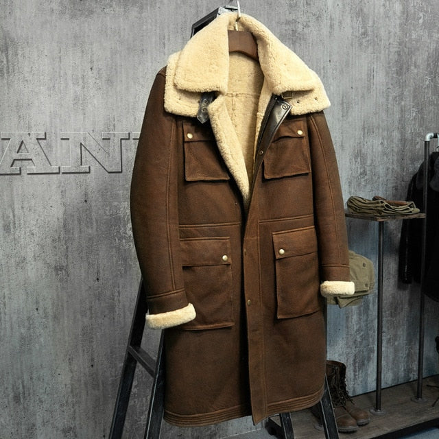 New Winter Thicker Fur One Leather Coat Men's Double Collar Sheepskin Leather Jacket Men High-end Genuine Leather Bomber Jacket