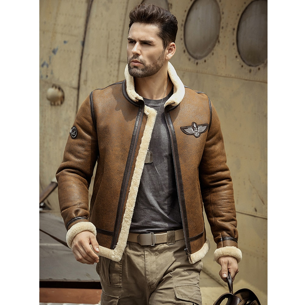 2019 New Mens Brown B3 Shearling Jacket Thicken Sheepskin Coat Winter Fur Coat Mens Leather Jacket Motorcycle Jacket