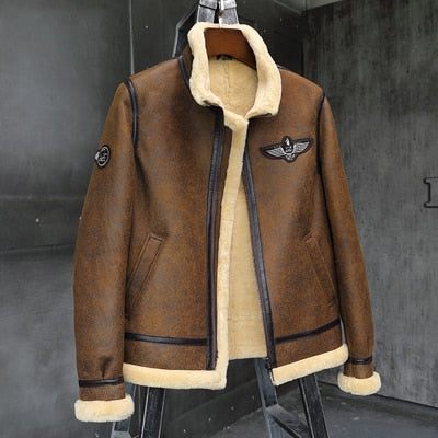 2019 New Mens Brown B3 Shearling Jacket Thicken Sheepskin Coat Winter Fur Coat Mens Leather Jacket Motorcycle Jacket