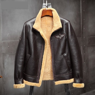 2019 New Mens Brown B3 Shearling Jacket Thicken Sheepskin Coat Winter Fur Coat Mens Leather Jacket Motorcycle Jacket