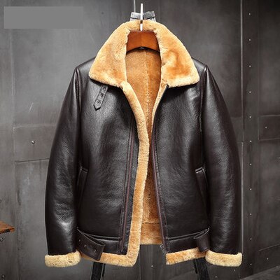 2019 New Shearling Coat Mens Black B3 Bomber Jacket Leather Jacket Mens Winter Coats Fur Jacket Sheepskin Moto Biker Coat