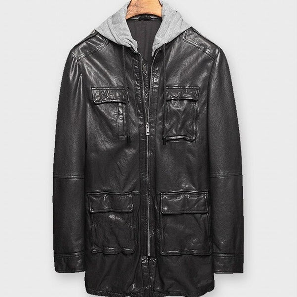 Fashion Spring Autumn Male Sheepskin Medium Length Trench Coats Hooded Pockets Slim Fit Mens Genuine Leather Jackets Plus Size