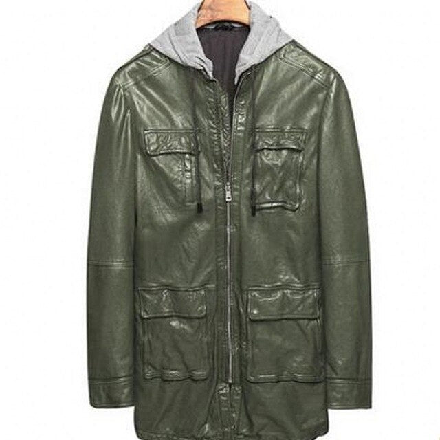 Fashion Spring Autumn Male Sheepskin Medium Length Trench Coats Hooded Pockets Slim Fit Mens Genuine Leather Jackets Plus Size