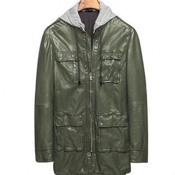 Fashion Spring Autumn Male Sheepskin Medium Length Trench Coats Hooded Pockets Slim Fit Mens Genuine Leather Jackets Plus Size