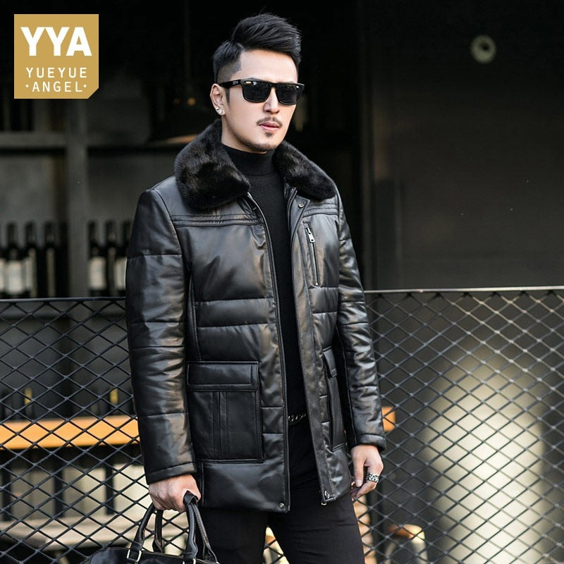 Winter Mens Real Mink Fur Collar Down Jacket Business Work Warm Sheepskin Genuine Leather Jacket Coats Plus Size 5XL Overcoat