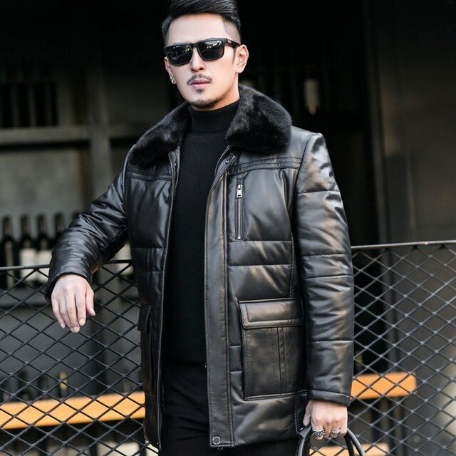 Winter Mens Real Mink Fur Collar Down Jacket Business Work Warm Sheepskin Genuine Leather Jacket Coats Plus Size 5XL Overcoat