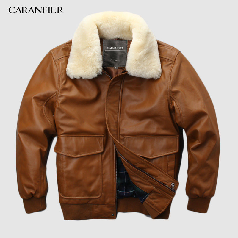 CARANFIER Air Force Flight Suit Pilot Fur Collar Thick Warm Leather Jacket Genuine Sheepskin Leather Jacket DHL Free Shipping