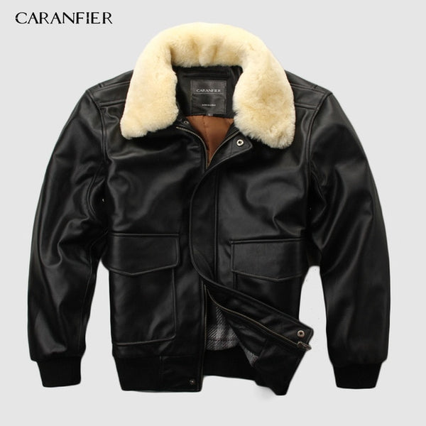 CARANFIER Air Force Flight Suit Pilot Fur Collar Thick Warm Leather Jacket Genuine Sheepskin Leather Jacket DHL Free Shipping