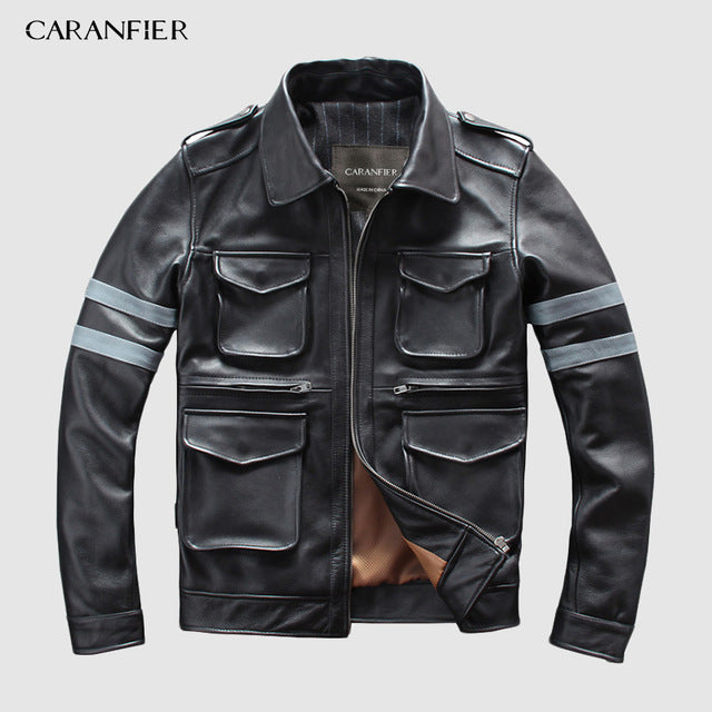 CARANFIER DHL Free Shipping Mens Genuine Leather Jacket Multi-pocket Luminous Letters Safety Tips Motorcycle Leather Jacket 3XL