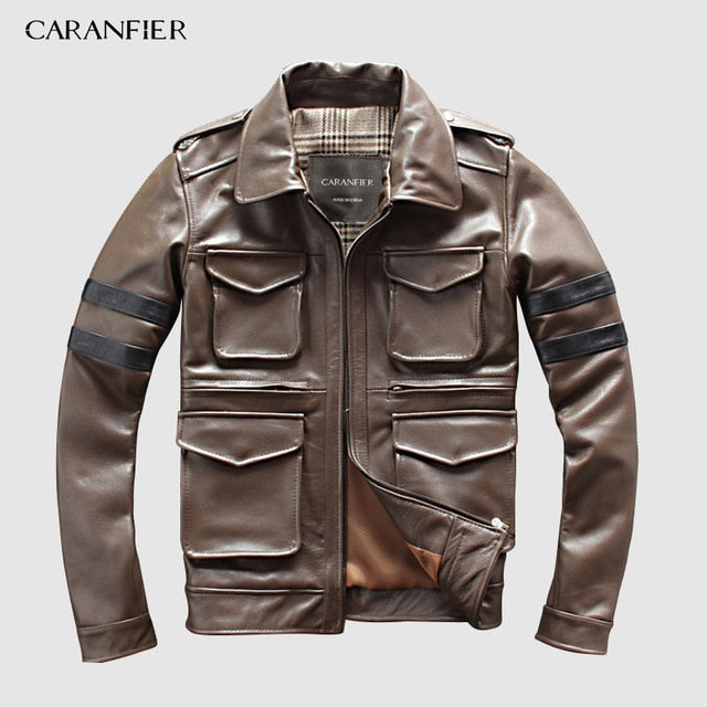 CARANFIER DHL Free Shipping Mens Genuine Leather Jacket Multi-pocket Luminous Letters Safety Tips Motorcycle Leather Jacket 3XL