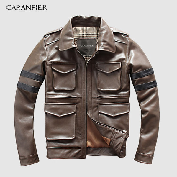 CARANFIER DHL Free Shipping Mens Genuine Leather Jacket Multi-pocket Luminous Letters Safety Tips Motorcycle Leather Jacket 3XL