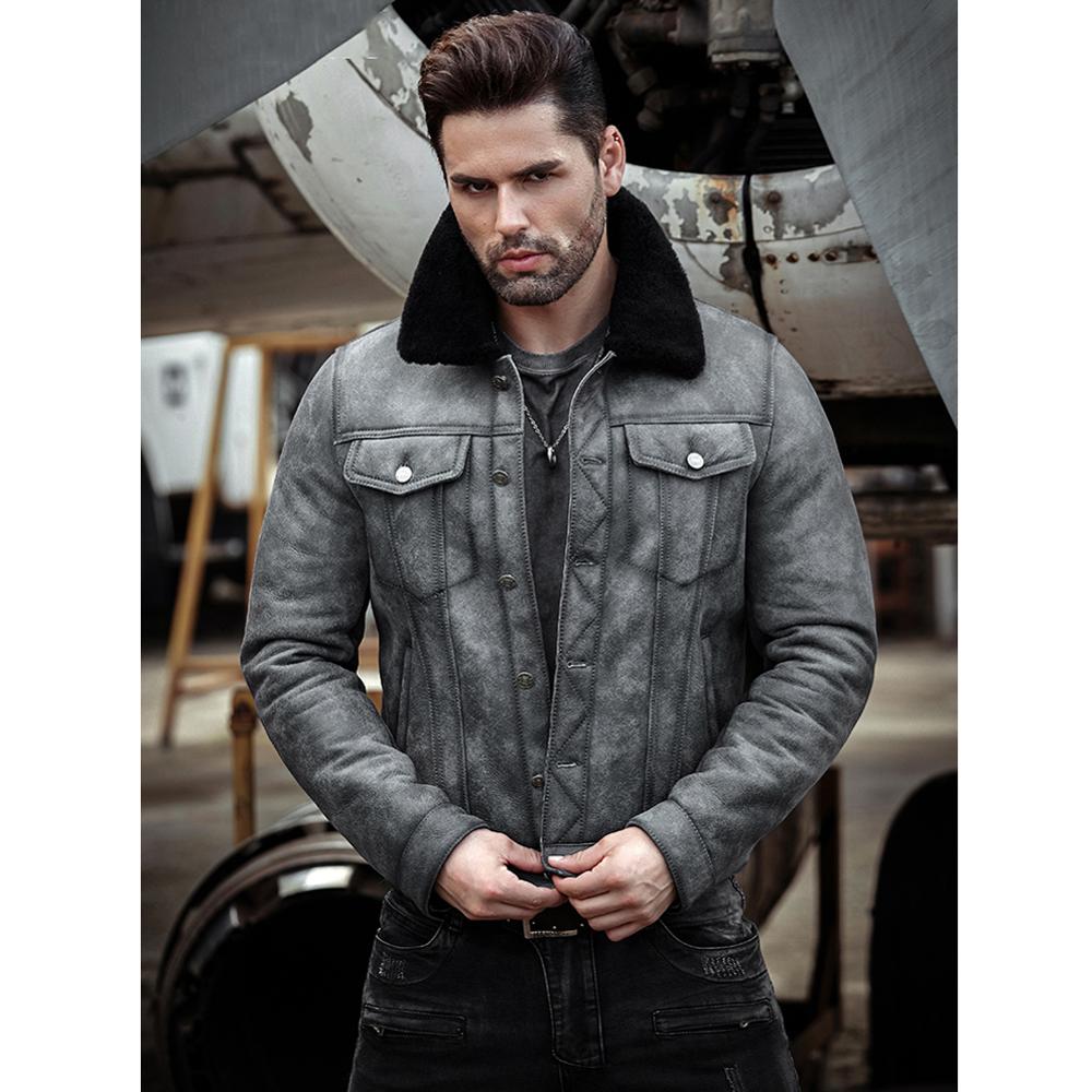 Mens Sheepskin Shearling Bomber Jacket B3 Flight Jacket Pilots Coat Flying Jacket Aviator Winter Coat Fur Leather Jacket Denim