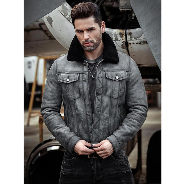 Mens Sheepskin Shearling Bomber Jacket B3 Flight Jacket Pilots Coat Flying Jacket Aviator Winter Coat Fur Leather Jacket Denim