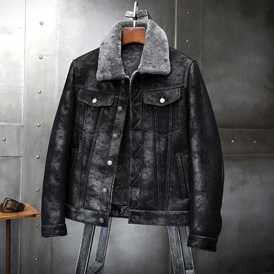 Mens Sheepskin Shearling Bomber Jacket B3 Flight Jacket Pilots Coat Flying Jacket Aviator Winter Coat Fur Leather Jacket Denim