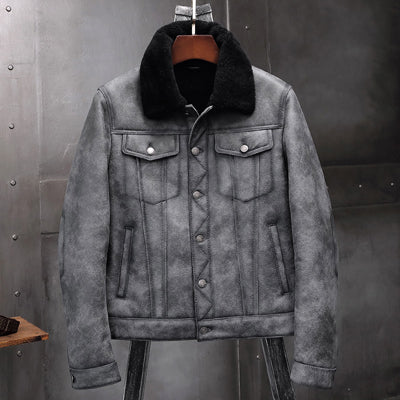 Mens Sheepskin Shearling Bomber Jacket B3 Flight Jacket Pilots Coat Flying Jacket Aviator Winter Coat Fur Leather Jacket Denim