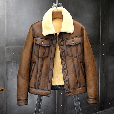 Mens Sheepskin Shearling Bomber Jacket B3 Flight Jacket Pilots Coat Flying Jacket Aviator Winter Coat Fur Leather Jacket Denim