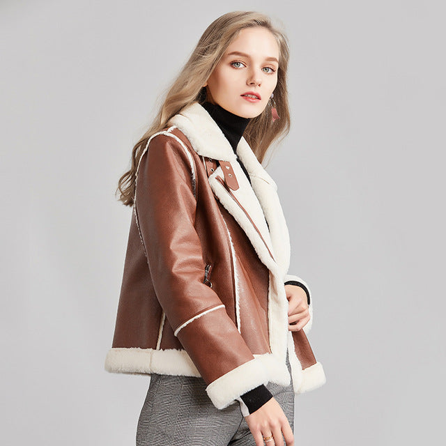 Vimly Women Winter Thick Motorcycle Leather Jackets Female Casual Cony Hair Pu Outwear Warm Stylish High Street Jacket Coat