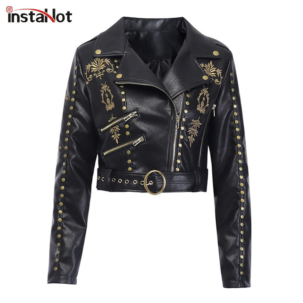 InstaHot Embroidery Faux Leather Coat Motorcycle Zipper Black Leather Jacket Women Rivet Painting Angel Gothic Winter Jacket