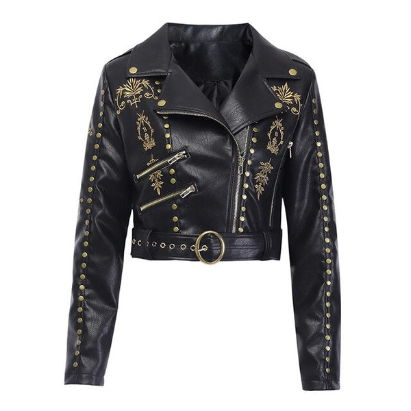 InstaHot Embroidery Faux Leather Coat Motorcycle Zipper Black Leather Jacket Women Rivet Painting Angel Gothic Winter Jacket