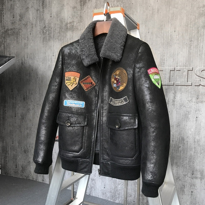 Men's Fur Jacket  Short Leather Jacket Mans B3 Bomber Jacket Shearling Sheepskin Aviator Fur Coat Lambs Outerwear Flight Jacket