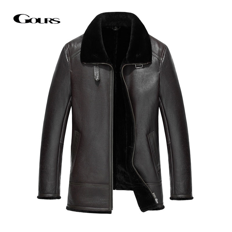 Gours Winter Genuine Leather Jackets Men Casual Black Real Sheepskin Long Shearling Coat with Natural Wool Lining Warm GSJF1850R
