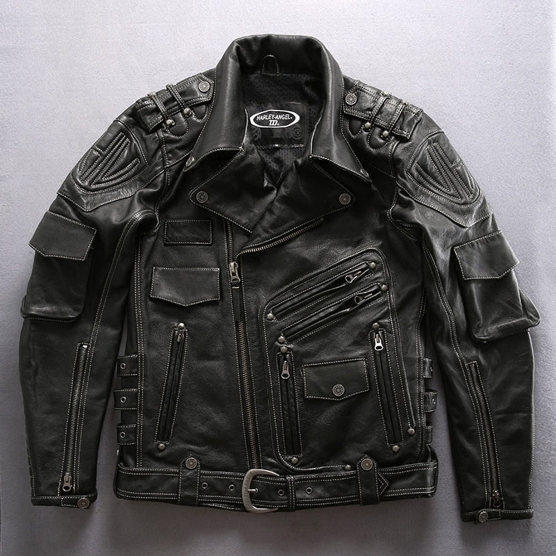 ANGEL Male Motorcycle Leather Jackets thick cowhide Winter Coats S-4XL