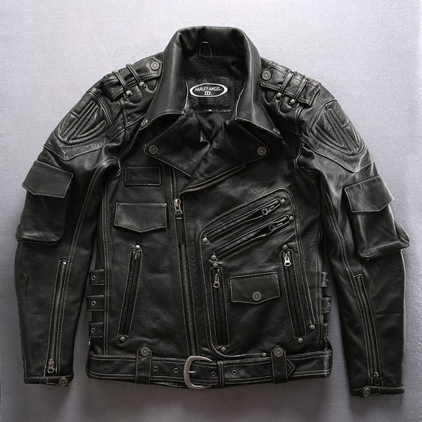 ANGEL Male Motorcycle Leather Jackets thick cowhide Winter Coats S-4XL