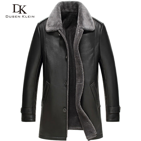 Men's leather Jacket wool interior 2016 New Dusen Klein Genuine sheepskin wool collar Middle long Designer male coat 61Z16017