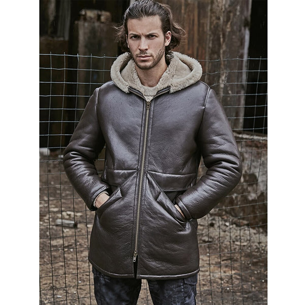 2019 New Mens B3 Shearling Jacket Sheepskin Coat Long Leather Jacket Hooded Fur Coat Mens Winter Coats
