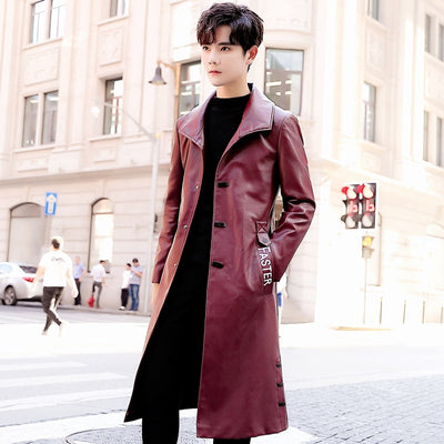 Leather jacket, long men's jacket, leather windbreaker jacket, windbreaker