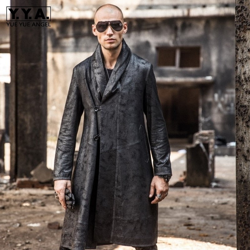 2019 Winter New Men Long Sheepksin Genuine Leather Jacket Loose Fit Trench Coat Gothic Man Military Midi Real Leather Overcoat