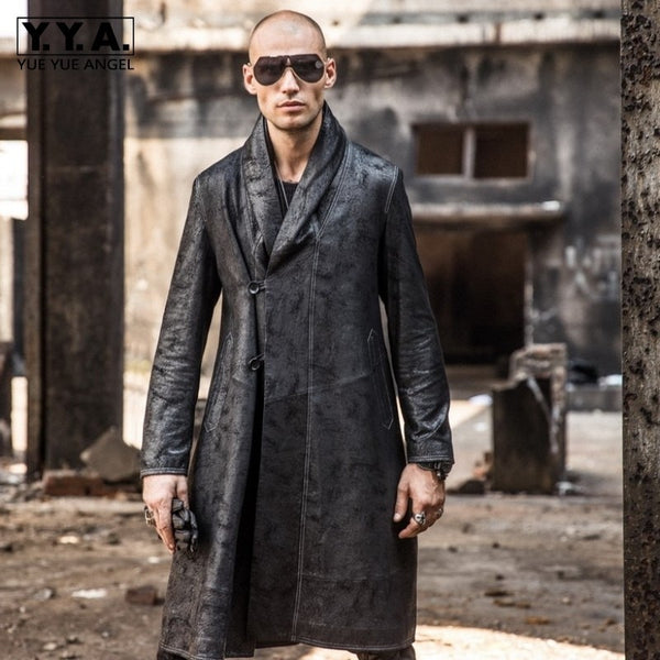 2019 Winter New Men Long Sheepksin Genuine Leather Jacket Loose Fit Trench Coat Gothic Man Military Midi Real Leather Overcoat
