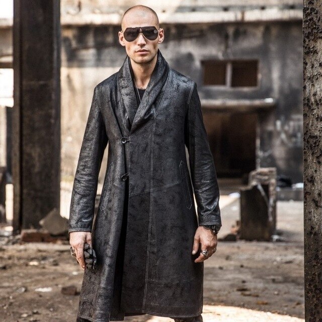2019 Winter New Men Long Sheepksin Genuine Leather Jacket Loose Fit Trench Coat Gothic Man Military Midi Real Leather Overcoat