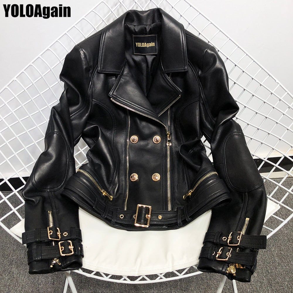 YOLOAgain high quality women genuine leather jacket ladies double breasted real sheepskin leather jacket