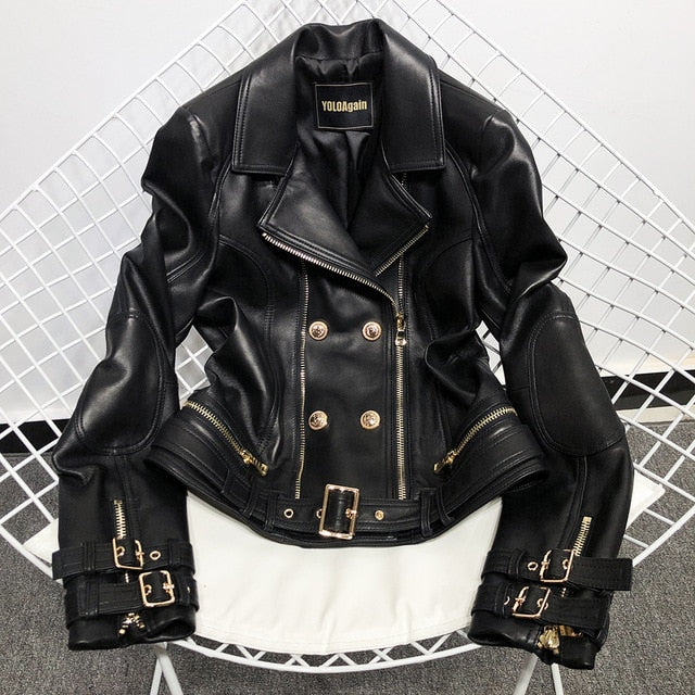 YOLOAgain high quality women genuine leather jacket ladies double breasted real sheepskin leather jacket