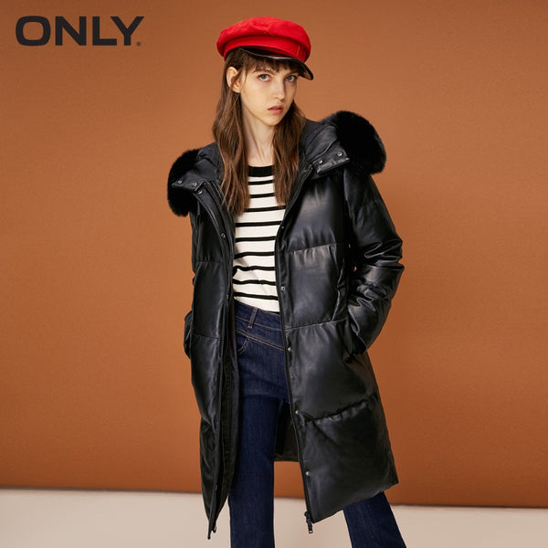 ONLY  Women's Fox Fur Collar Sheepskin Medium Duck down Hooded Down Leather Jacket