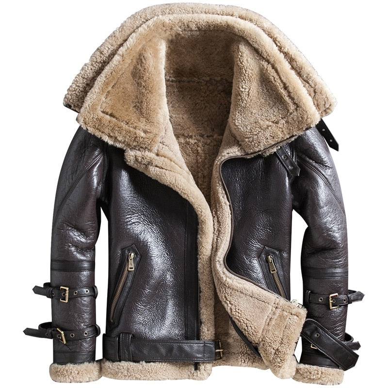 New Winter Thicker Fur One Genuine Leather Coat Men's Double Collar Sheepskin Leather Jacket Locomotive Fur Male Air Force Suit