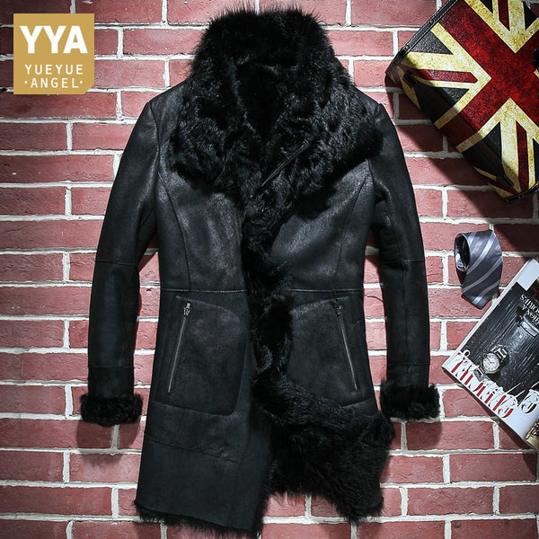 2019 High Quality Mens Natural Shearling Long Coat Winter Slim Fit Warm Real Fur Lining Overcoat Hunting Genuine Leather Jacket