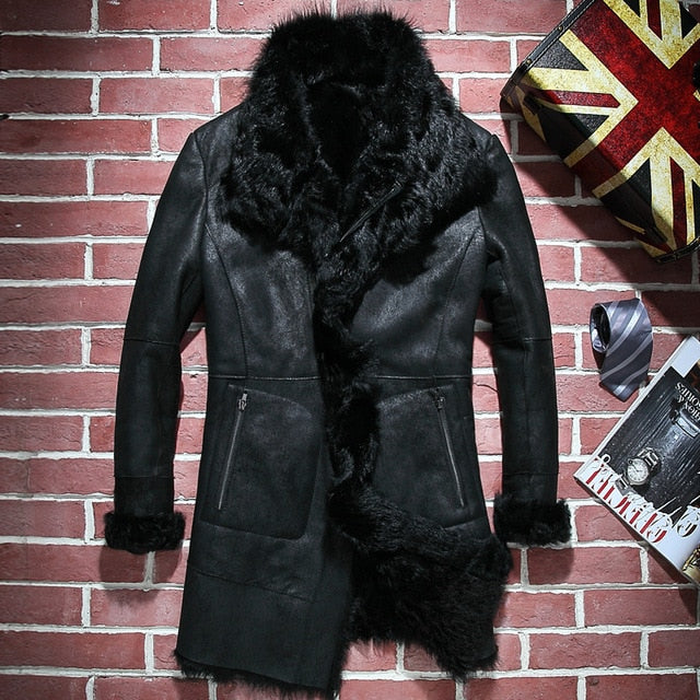 2019 High Quality Mens Natural Shearling Long Coat Winter Slim Fit Warm Real Fur Lining Overcoat Hunting Genuine Leather Jacket