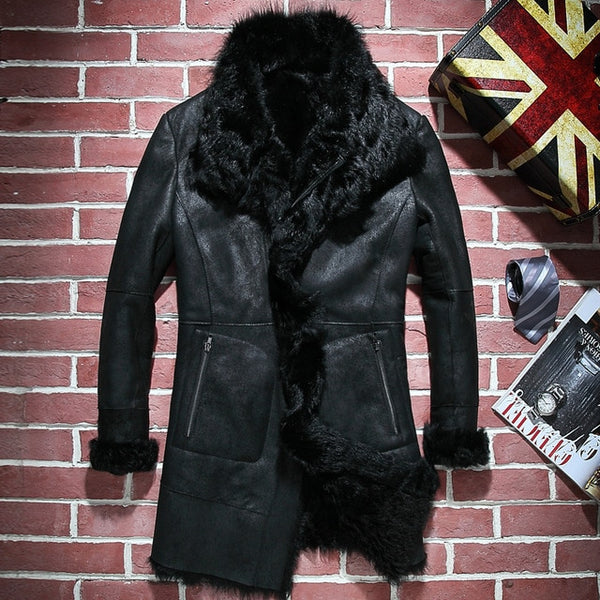 2019 High Quality Mens Natural Shearling Long Coat Winter Slim Fit Warm Real Fur Lining Overcoat Hunting Genuine Leather Jacket
