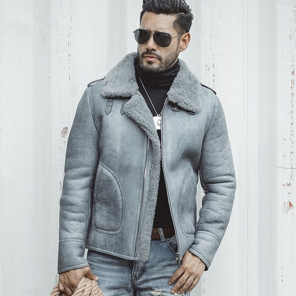 Luxury Mens 100% Natural Shearling Overcoat Genuine Leather Jacket Thick Warm Sheepskin Real Fur Lining Coat Slim Fit Jackets