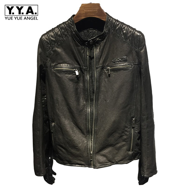 New Sheepskin Motorcycle Genuine Leather Jacket Mens Stand Collar Moto Biker Jacket Zipper Black Short Real Leather Coat