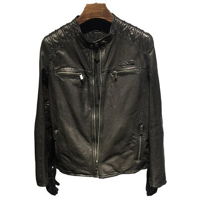 New Sheepskin Motorcycle Genuine Leather Jacket Mens Stand Collar Moto Biker Jacket Zipper Black Short Real Leather Coat